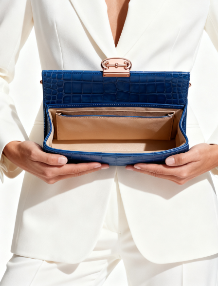 Blue Croc-Embossed Clutch with Rose Gold Clasp Bags