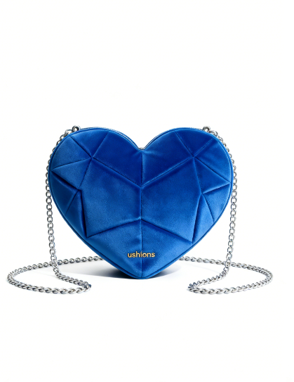 Blue Velvet Heart-Shaped Crossbody Bag with Silver Chain