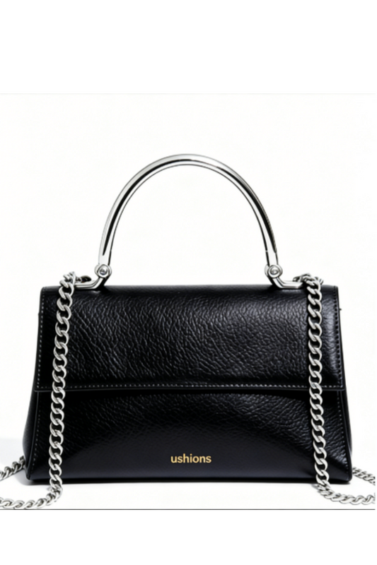 Midnight Locket--Black Leather Mini Bag with Silver Chain & Metal Handle