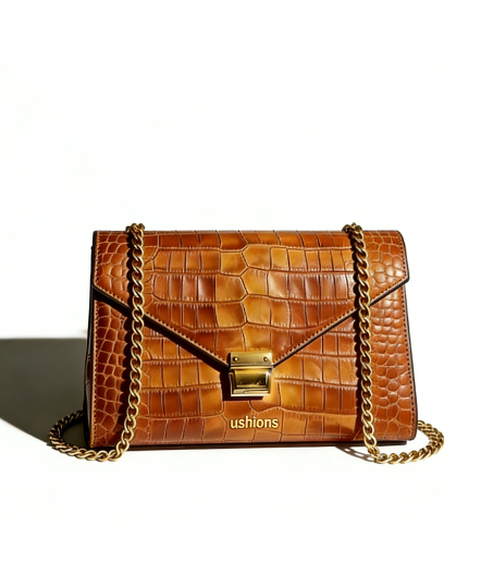 [test]Ushions Brown Crocodile - Embossed Chain Shoulder Bag