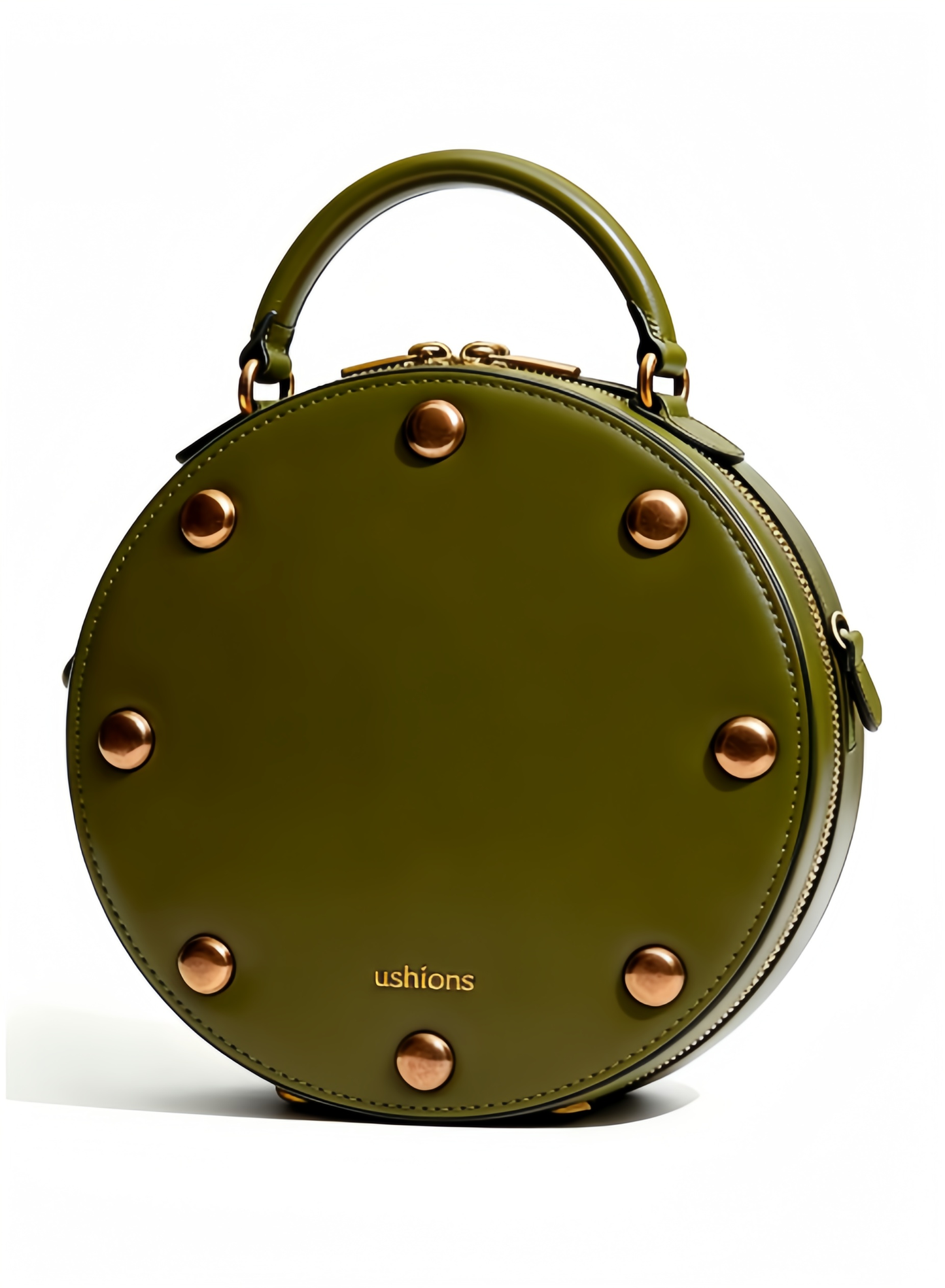 Olive Green Circular Leather Bag with Copper Studs