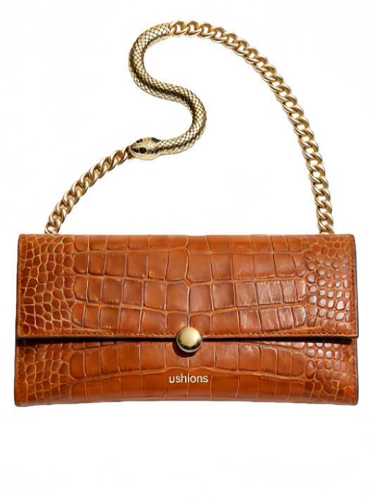 [test]Dune Legacy- Tan Croc-Embossed Chain Shoulder Bags