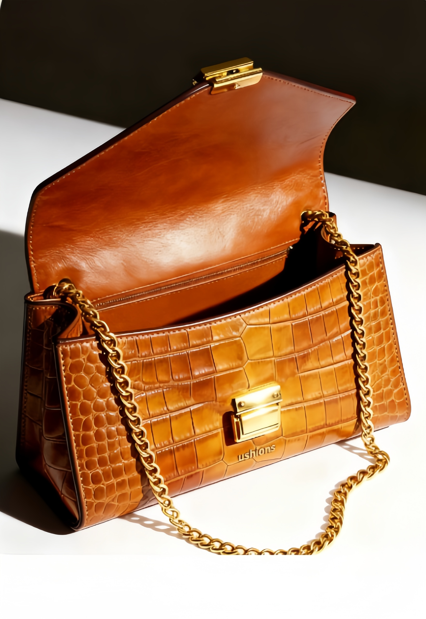 [test]Ushions Brown Crocodile - Embossed Chain Shoulder Bag