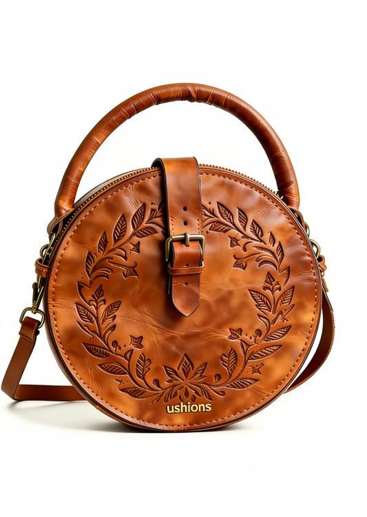 Braid & Rest-Brown Tooled Leather Circular Top-Handle Crossbody Bag