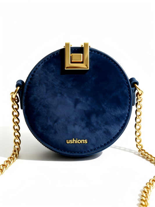 Navy Blue Suede Round Crossbody Bag with Gold Chain