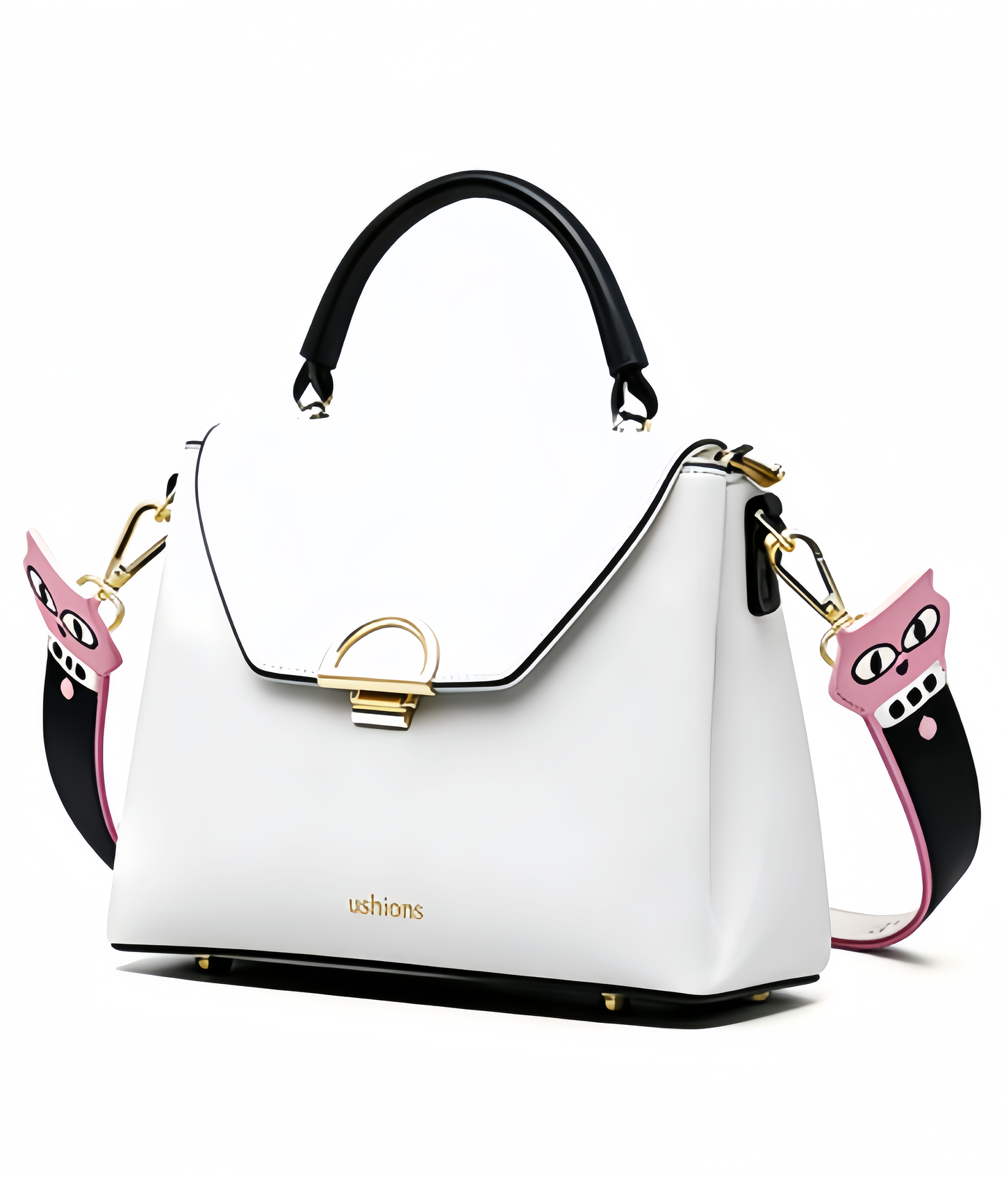 White Top-Handle Bag with Cartoon Patterned Strap