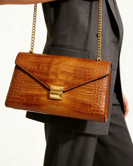 [test]Ushions Brown Crocodile - Embossed Chain Shoulder Bag