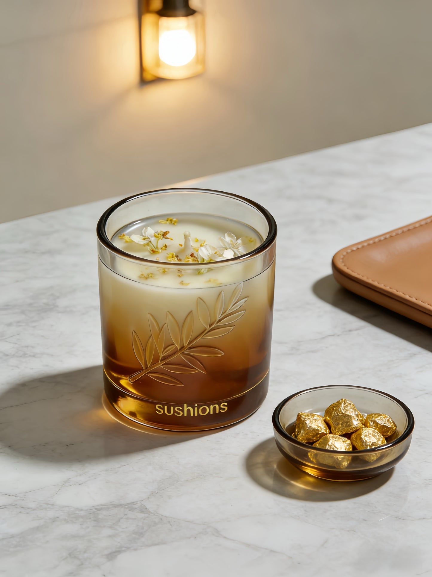 Golden Foliage Amber Gradient Glass Candle