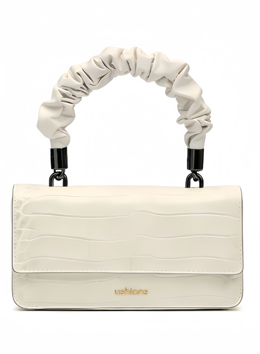 White Croc-Embossed Compact Ruched-Handle Bag