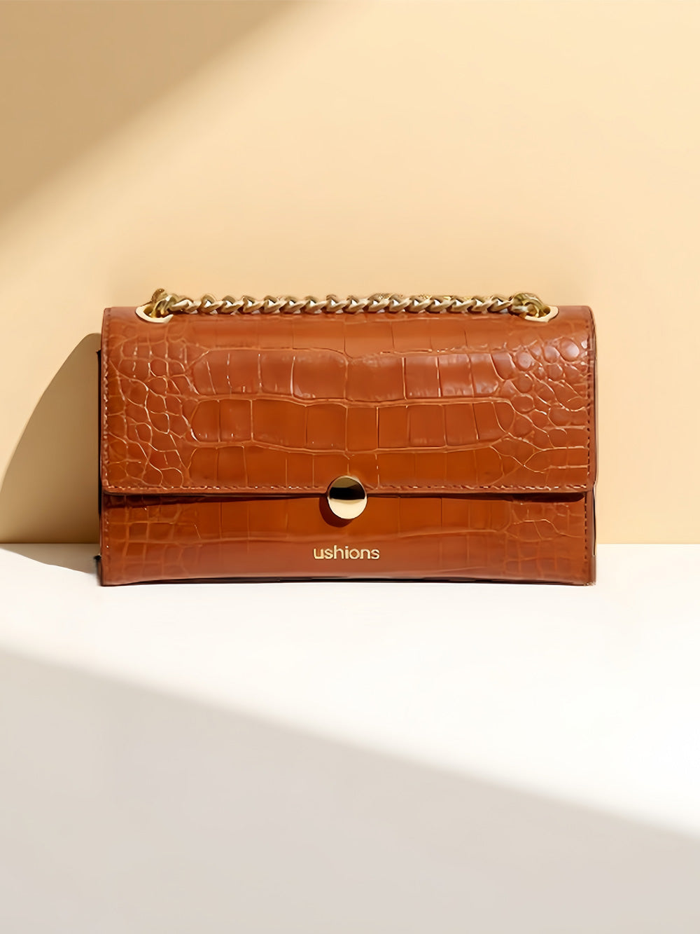 [test]Dune Legacy- Tan Croc-Embossed Chain Shoulder Bags