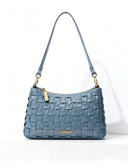 Blue Woven Patent Leather Shoulder Bag: Chic Texture & Shine