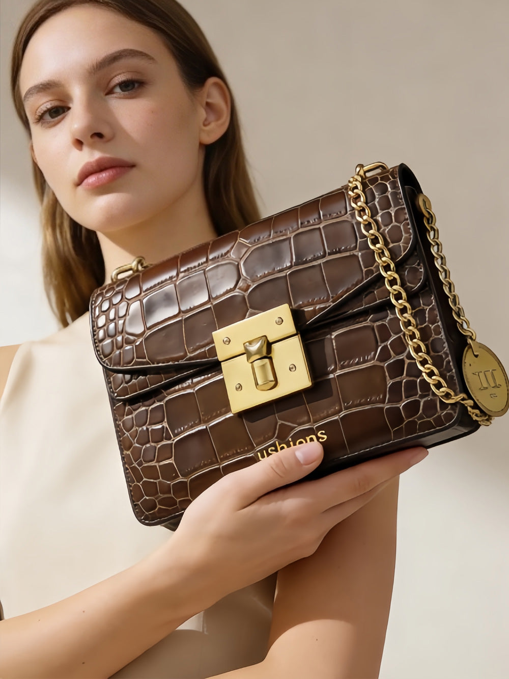 [Test]The Savannah Satchel-Crocodile-Embossed Leather Chain Crossbody Bag