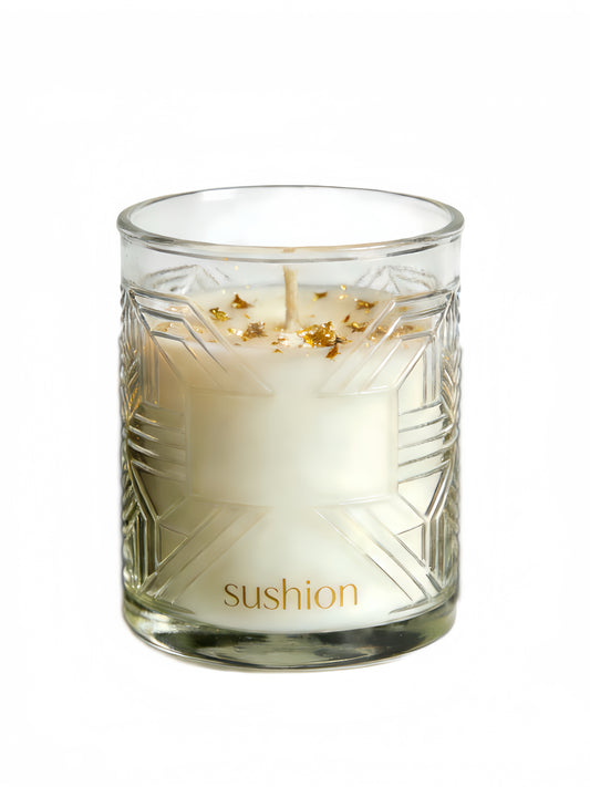 Fir & Amber Embossed Glass Candle with 24K Gold Flakes