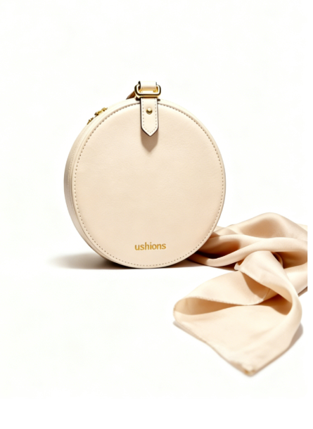 Utopia Circle-Beige Circular Leather Crossbody Bag with Gold Hardware