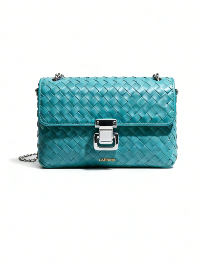 The Ushions Novelty-Teal Woven Leather Chain Crossbody Bag