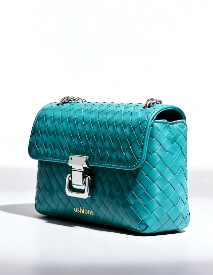 The Ushions Novelty-Teal Woven Leather Chain Crossbody Bag