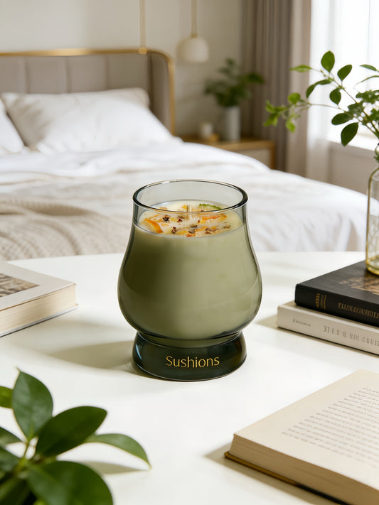 Sushions Mosswood & Amber Frosted Glass Jar Candle