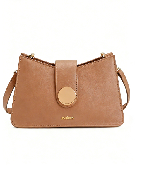 Tan Leather Shoulder Bag with Gold Circular Clasp