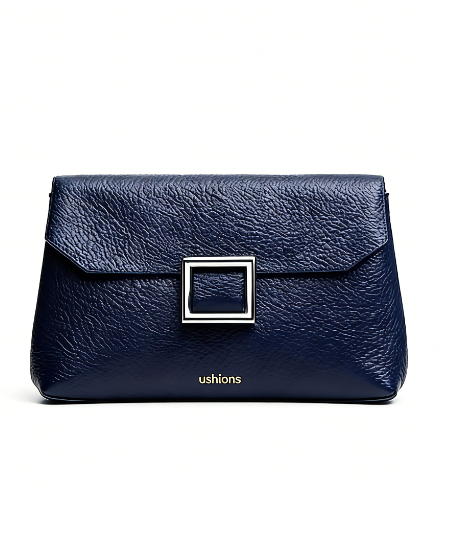 Navy Textured Leather Clutch Bags with Silver Square Clasp
