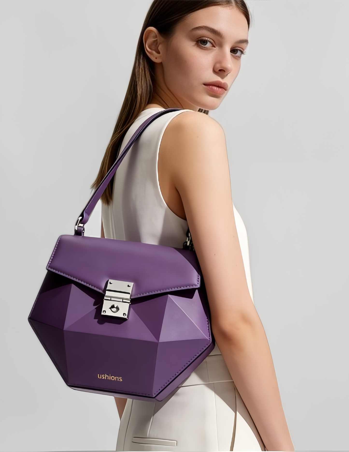 Purple Geometric Top-Handle Bag with Silver Hardware