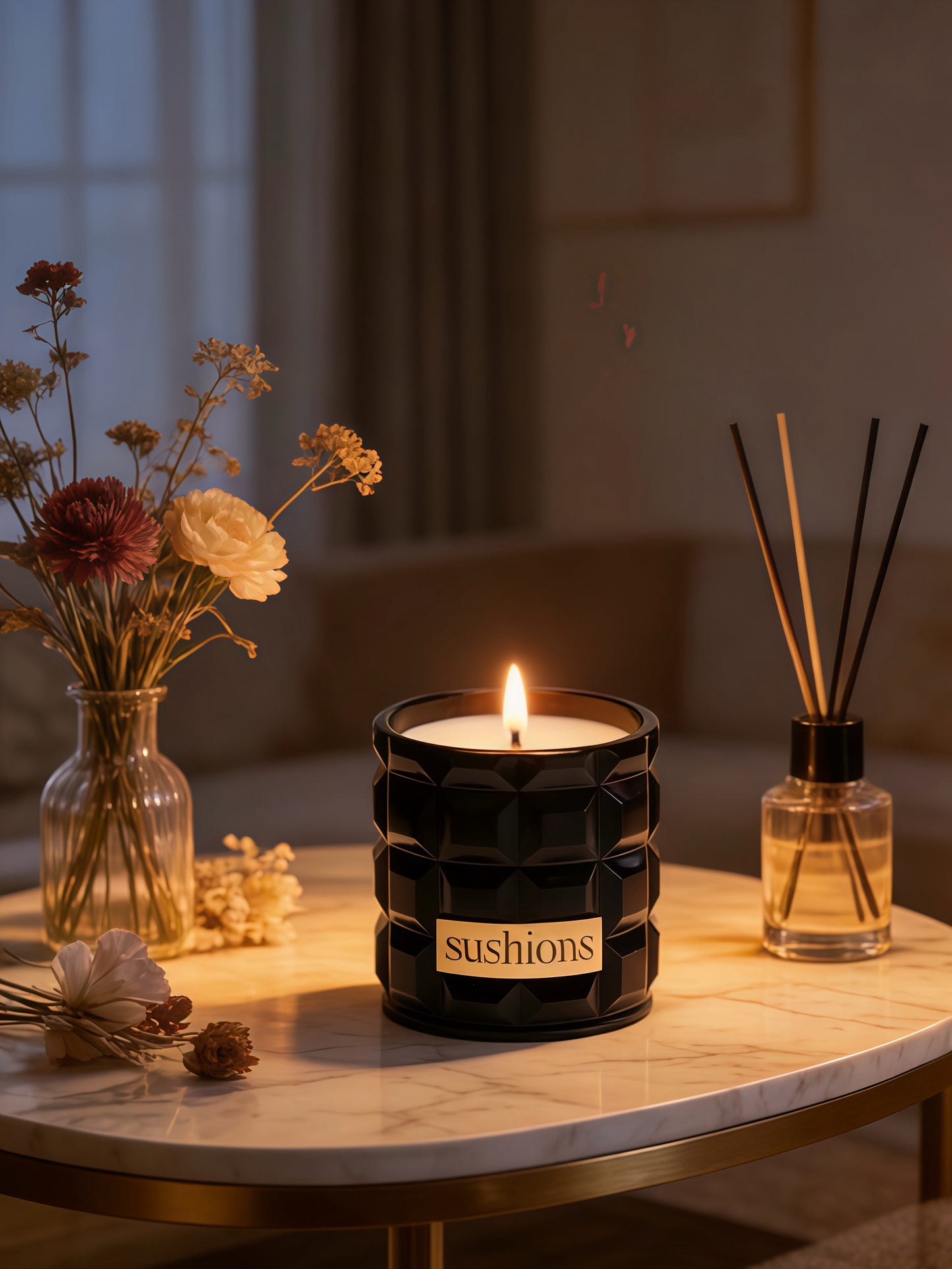 Sushions Obsidian Facet Ceramic Candle &Rich Woody Oriental
