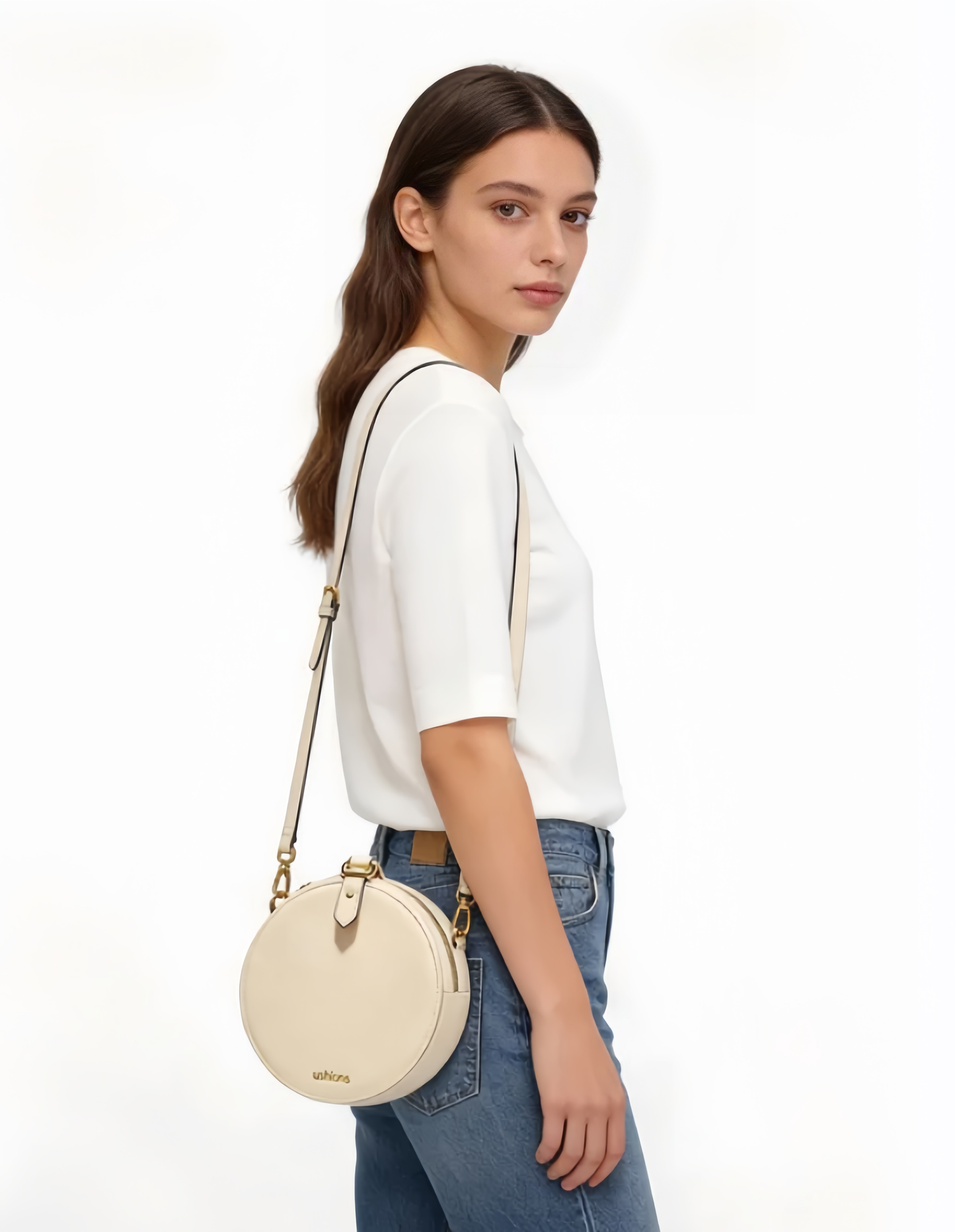 Utopia Circle-Beige Circular Leather Crossbody Bag with Gold Hardware