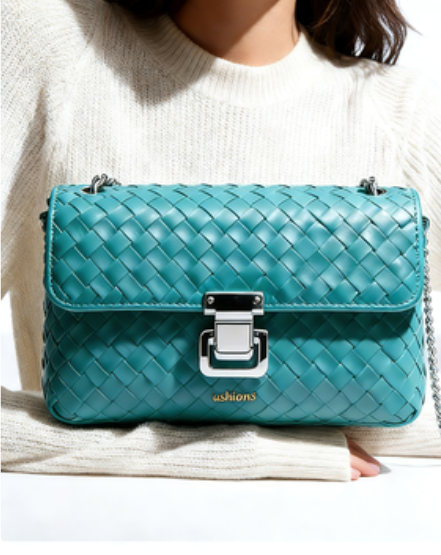 The Ushions Novelty-Teal Woven Leather Chain Crossbody Bag